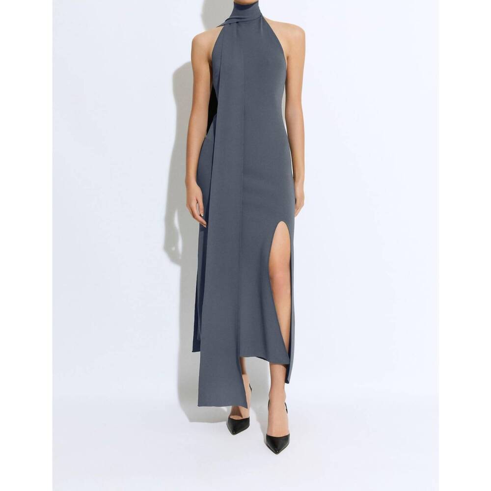 NEW LAPOINTE matte viscose halterneck dress in grey/blue